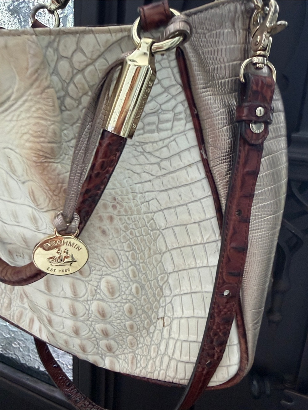 Brahmin Croc-Embossed Shoulder Bag in Cream and Brown - Picture 2 of 7